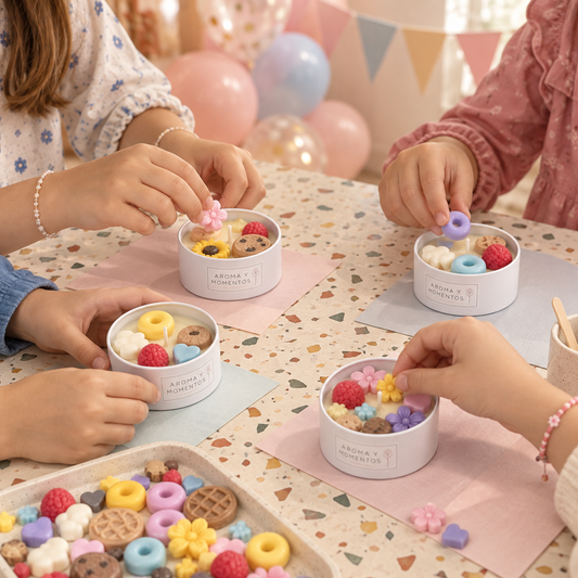 Reserva de cumpleaños infantil - niños decorando velas en fiesta